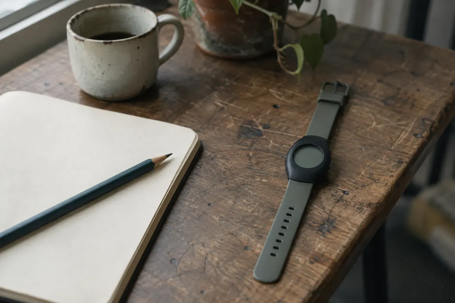 A dark digital watch with a blank display on an olive silicone strap, lying on a worn wooden desk beside a notebook, a pencil and a ceramic mug.