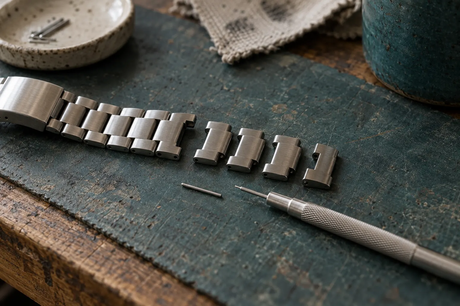 A brushed steel watch bracelet partly taken apart on a teal mat, with a pin pusher tool and a loose pin.