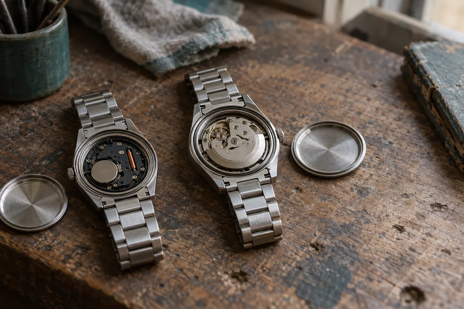 A quartz watch with its back off showing a coin cell, beside an automatic watch with its back off showing a rotor movement, both plain steel on a wooden bench.