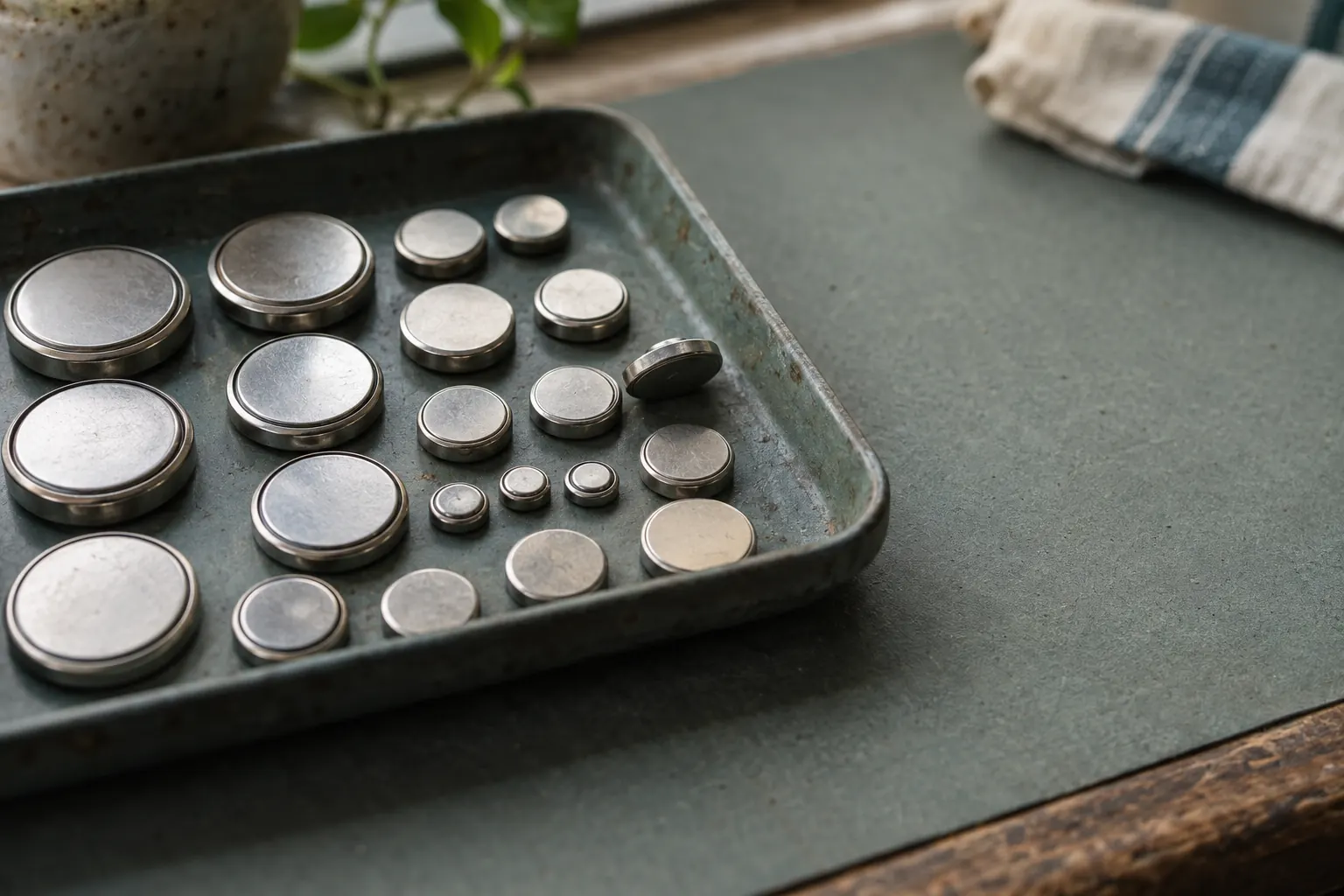 Assorted plain silver coin cells in several sizes on a metal tray, with blank unmarked tops.