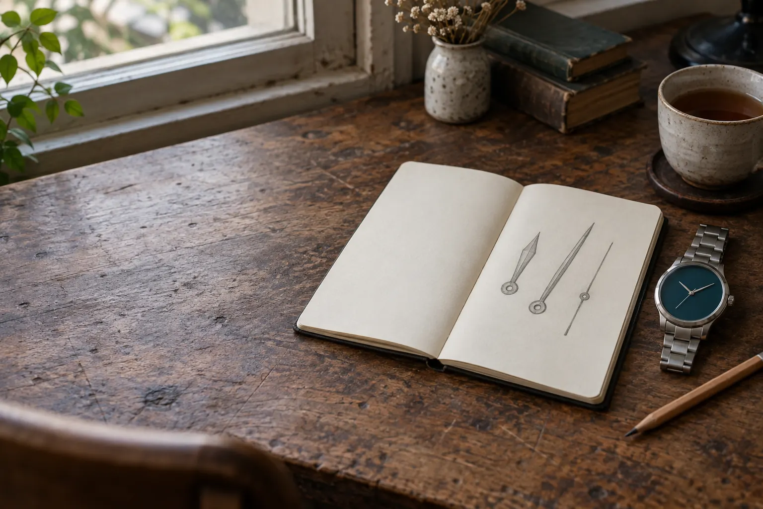 An open notebook with pencil sketches of watch hands, beside a steel watch with a teal dial and a pencil on a wooden desk.