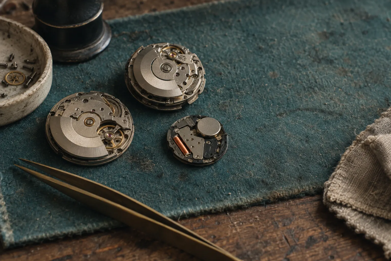 Two generic automatic watch movements and a small quartz movement with a coin cell on a teal felt mat, with brass tweezers in front.