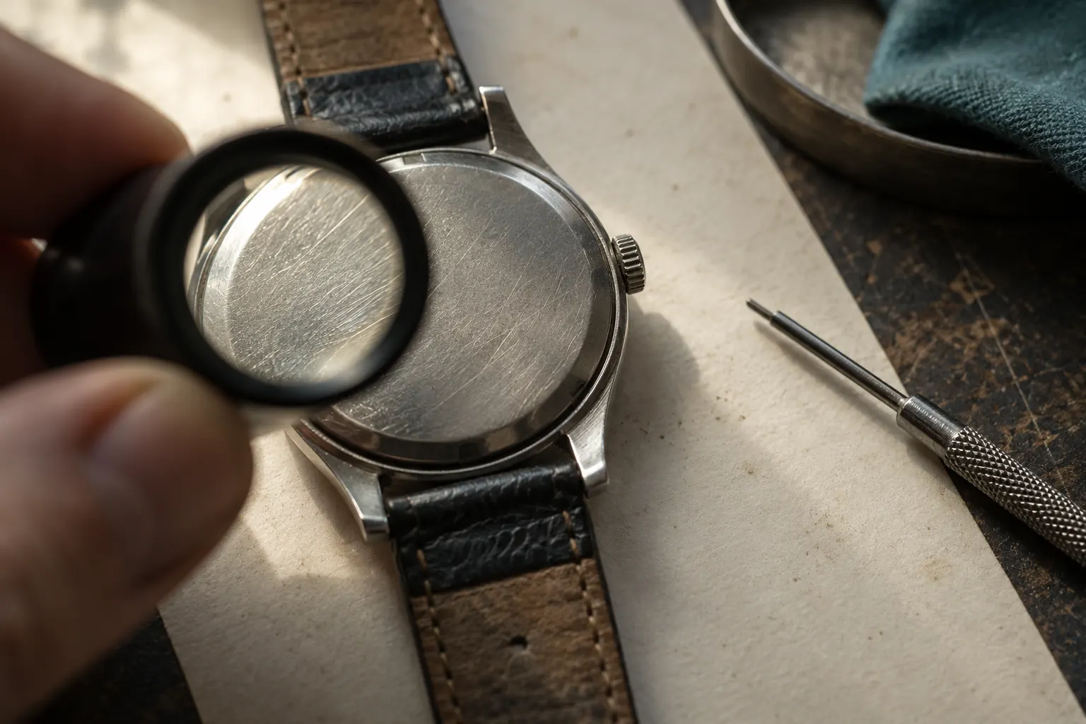 A blank steel caseback under a jeweller's loupe in raking light, showing fine scratches and no engraving.