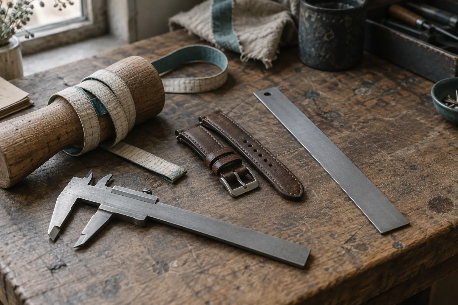 Steel calipers, a cloth tape measure around a wooden wrist form, a brown leather strap and a steel ruler on a worn workbench.