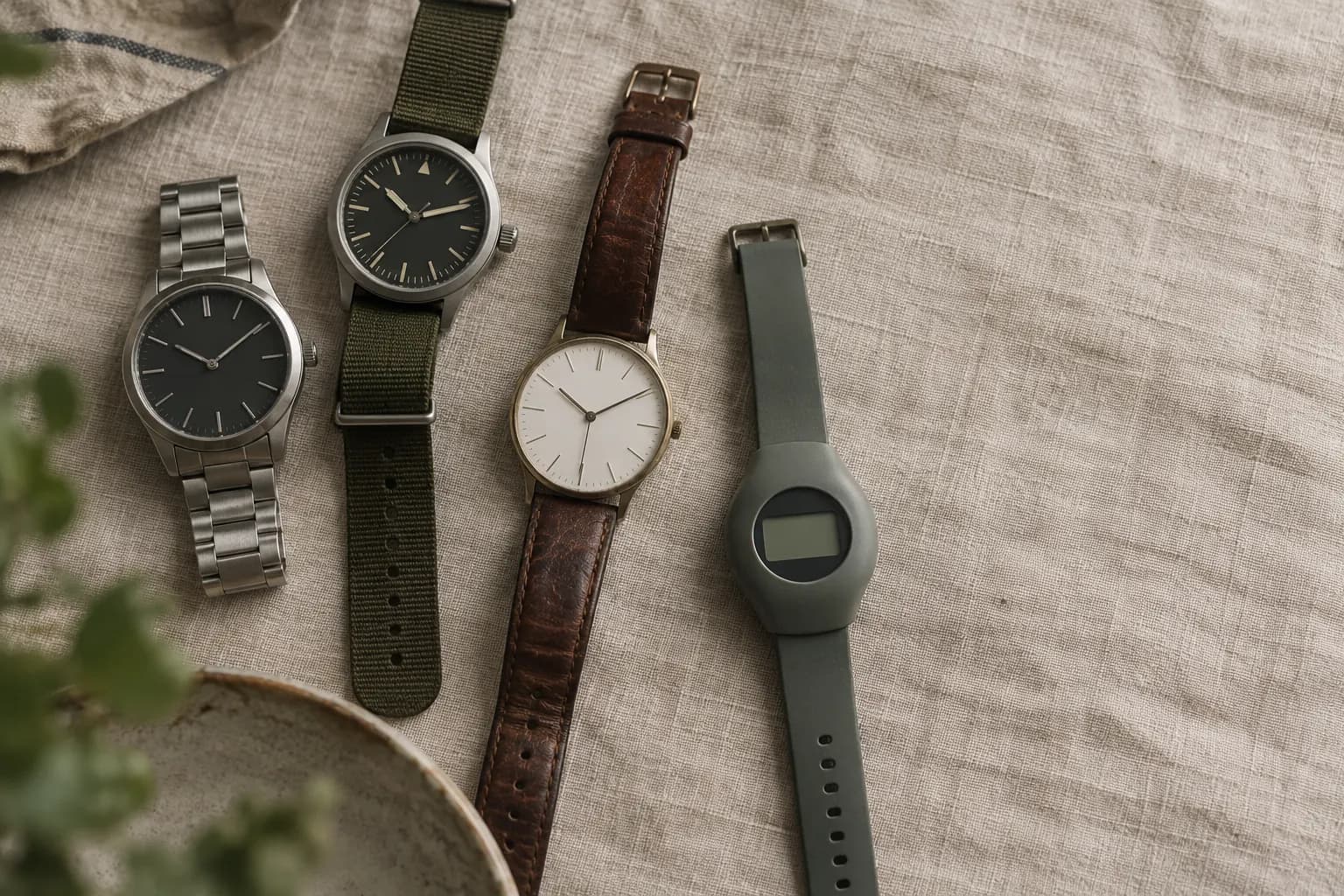 Several anonymous wristwatches on linen seen from above: a steel bracelet watch, an olive textile-strap field watch, a white-dial dress watch on brown leather and a small resin digital watch, all with blank dials.