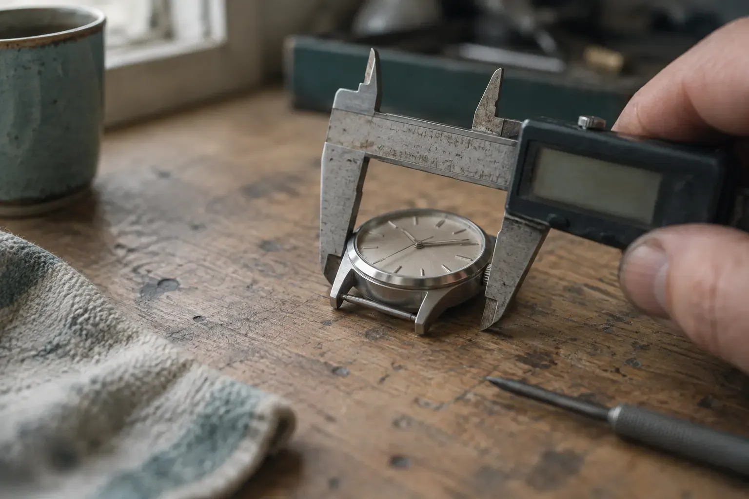 A hand holding a digital caliper around a plain steel watch case on a wooden bench; the display is blank.
