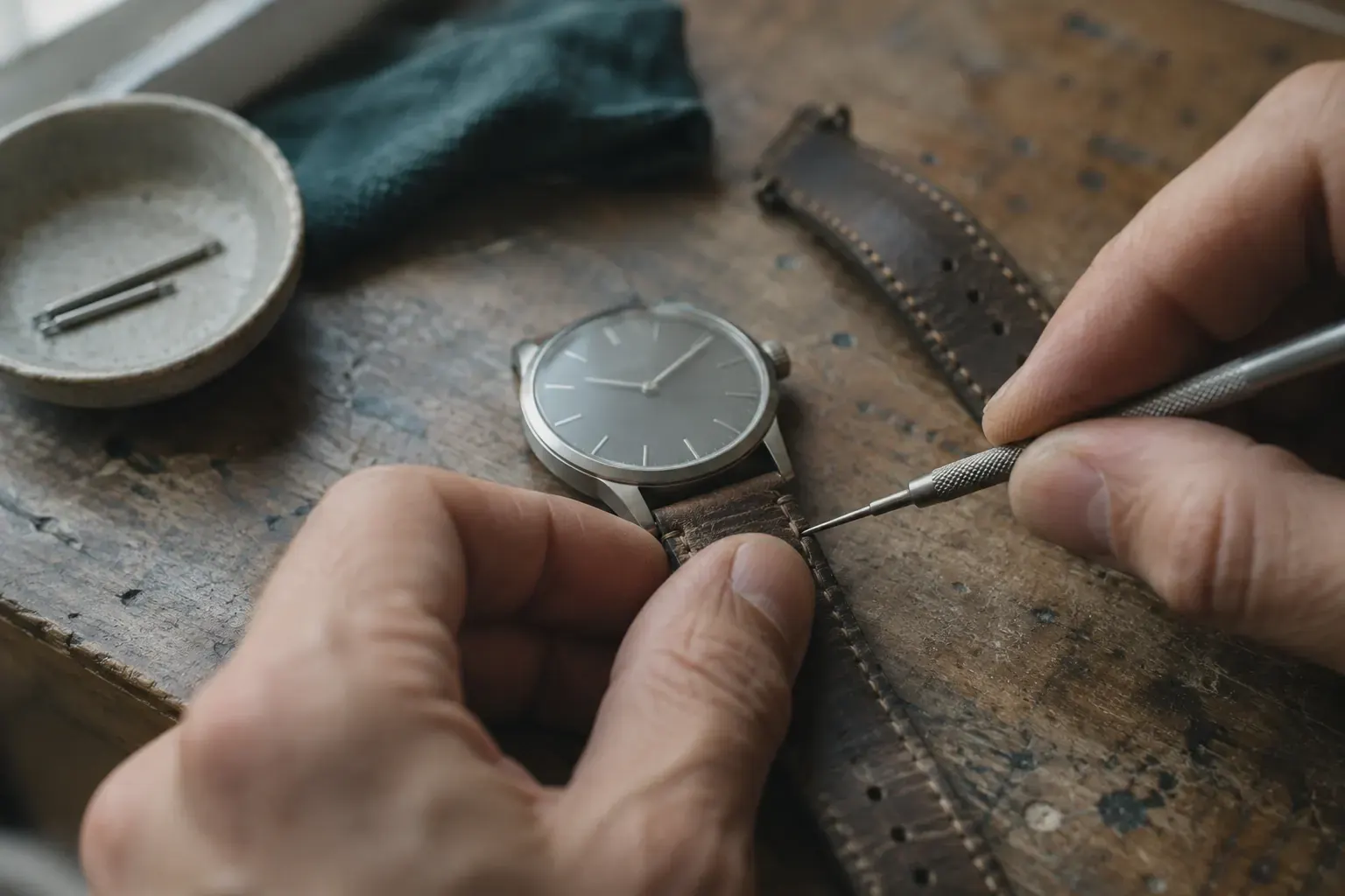 Two hands using a spring bar tool to change a worn leather strap on a plain grey-dial watch on a wooden bench.