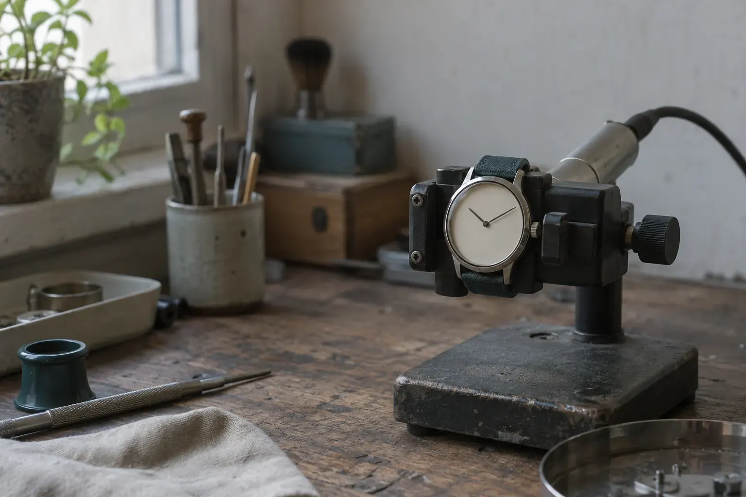 A plain white-dial watch clamped in a timing microphone stand on a workshop bench by a window.