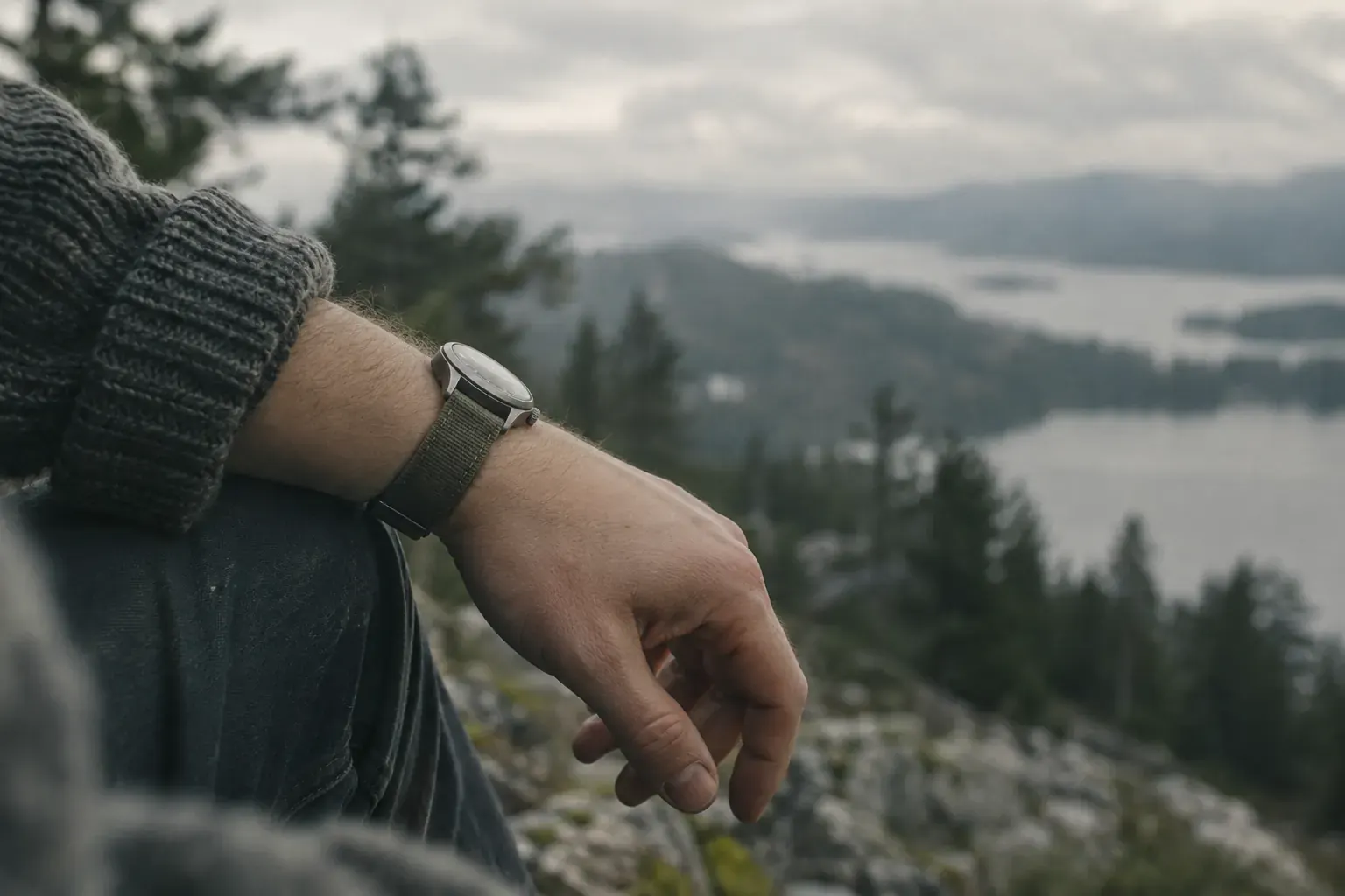 A wrist with a steel watch on an olive canvas strap, sweater sleeve, overlooking a forested lake; the dial faces away.